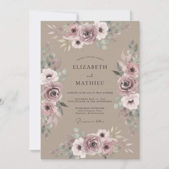Invitation Mariage Taupe Mauve Rose (Devant)