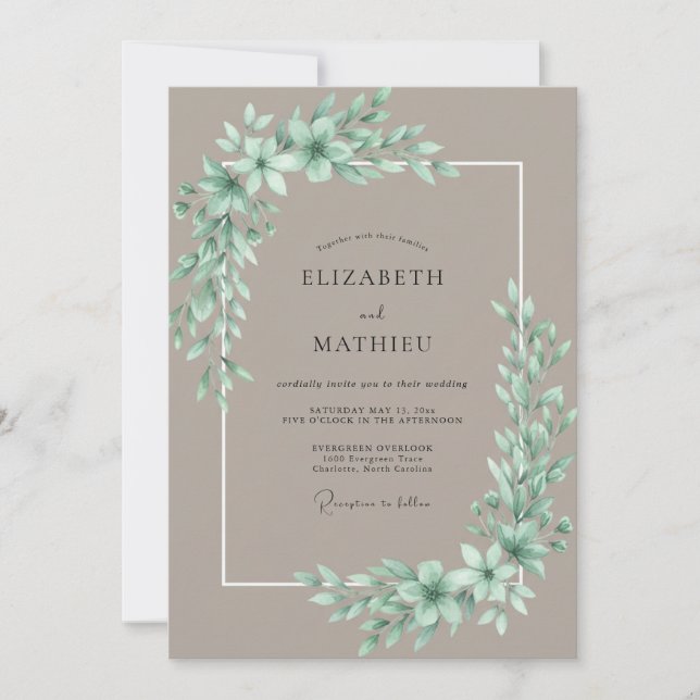 Invitation Mariage Taupe Menthe Feuillage Eucalyptus (Devant)