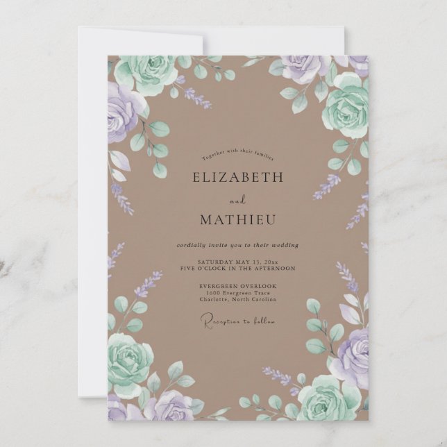 Invitation Mariage Taupe Menthe Pétales (Devant)
