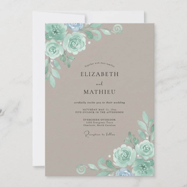 Invitation Mariage Taupe Menthe Pivoine (Devant)