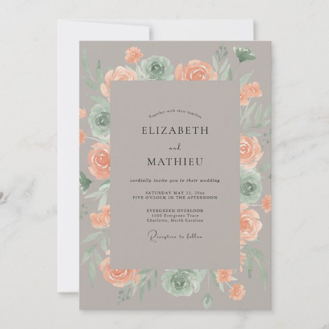 Invitation Mariage Taupe Menthe Ranunculus Eucalyptus (Devant)