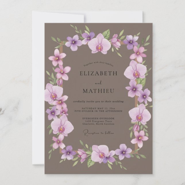 Invitation Mariage Taupe Orchidée Violette (Devant)