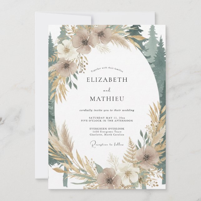 Invitation Mariage Taupe Pampas Bois Eucalyptus (Devant)
