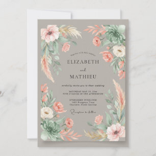 Invitation Mariage Taupe Pêche Pampas Eucalyptus