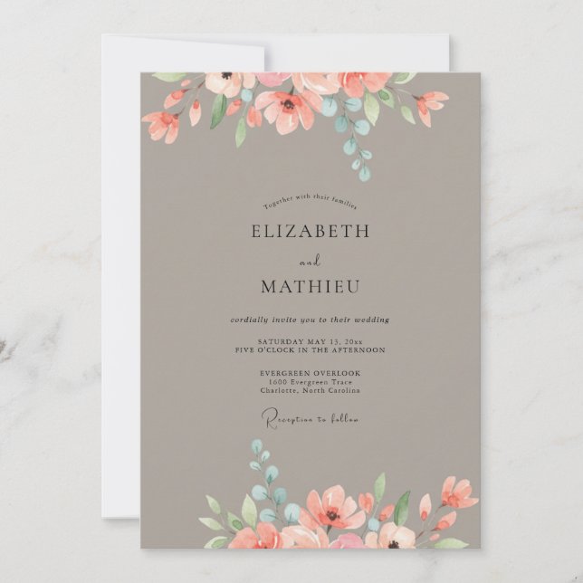Invitation Mariage Taupe Péché Pivoine (Devant)