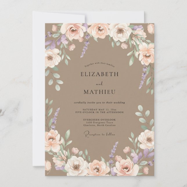 Invitation Mariage Taupe Pêche Ranunculus Eucalyptus (Devant)