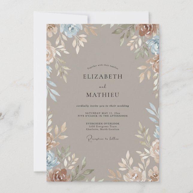 Invitation Mariage Taupe Perle Argenté Feuillu (Devant)