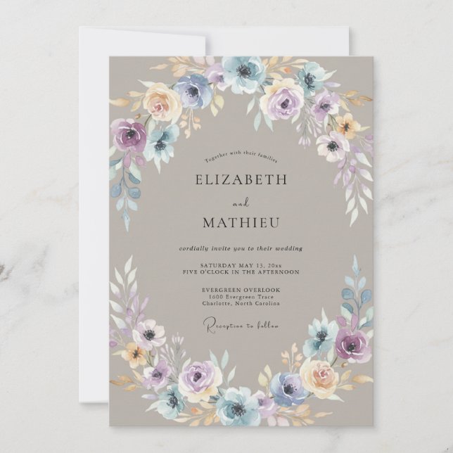 Invitation Mariage Taupe Pervenche Anémone (Devant)
