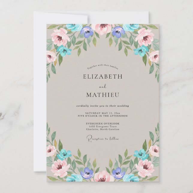 Invitation Mariage Taupe Pervenche Pétales (Devant)