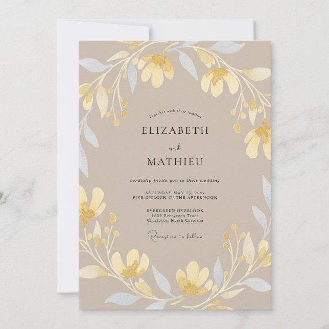 Invitation Mariage Taupe Pétales Dorés (Devant)