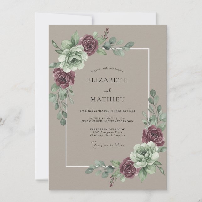 Invitation Mariage Taupe Pivoine (Devant)