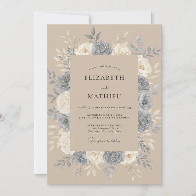 Invitation Mariage Taupe Pivoine Ardoise (Devant)