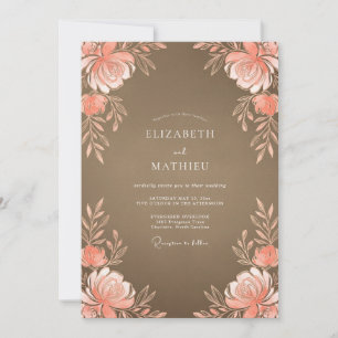 Invitation Mariage Taupe Pivoine Corail Poussiéreux