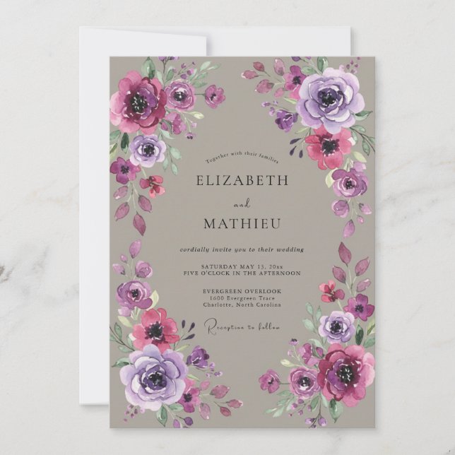 Invitation Mariage Taupe Pivoine Magenta (Devant)