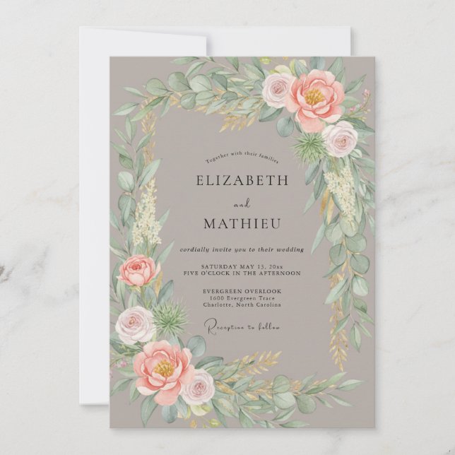 Invitation Mariage Taupe Pivoine Pêche Douce (Devant)