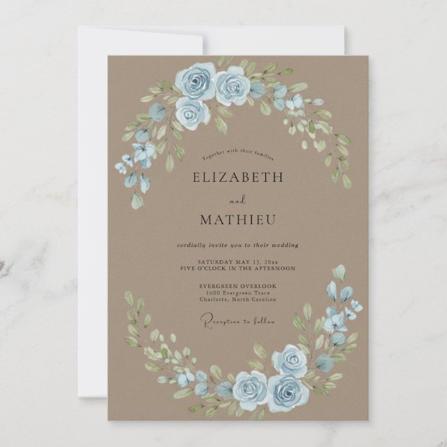 Invitation Mariage Taupe Poudre Feuille Azure (Devant)