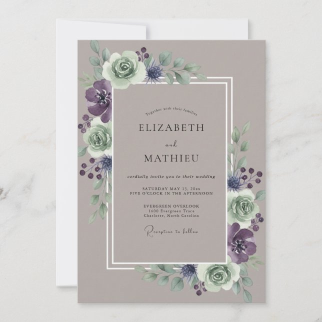 Invitation Mariage Taupe Prune Eucalyptus Succulent (Devant)