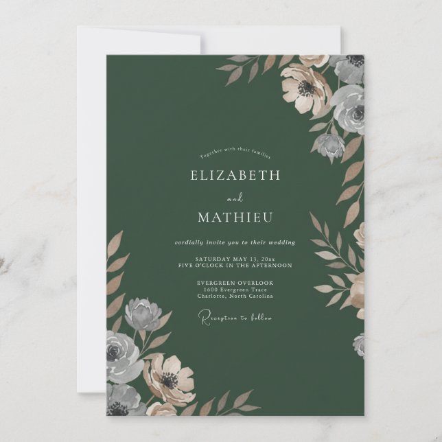 Invitation Mariage Taupe Ranunculus Forêt Eucalyptus (Devant)