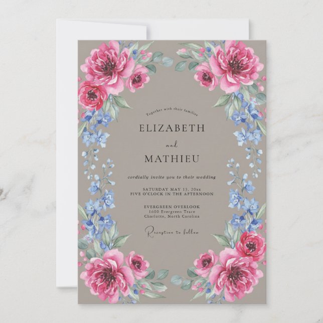 Invitation Mariage Taupe Renoncule Fuchsia Eucalyptus (Devant)