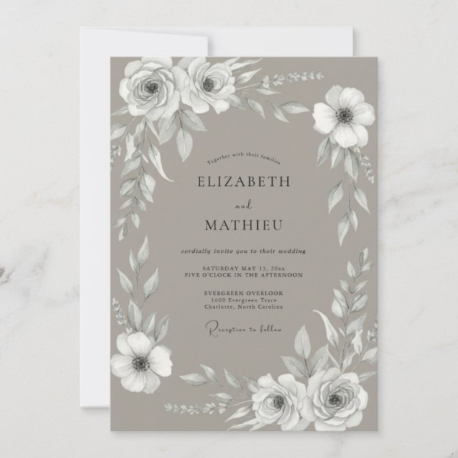 Invitation Mariage Taupe Rose Blanche (Devant)