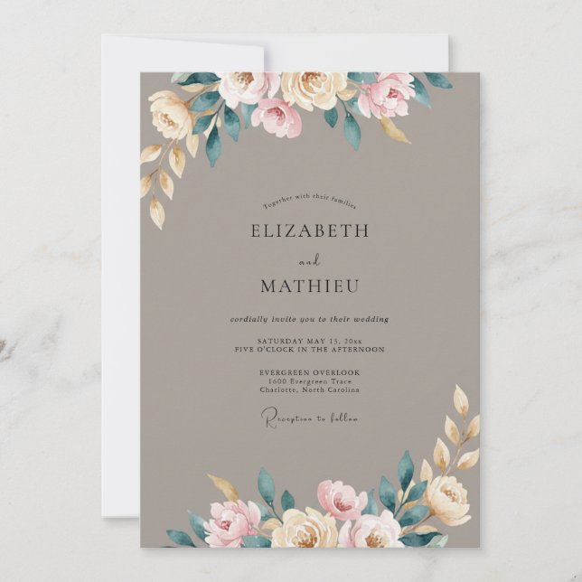 Invitation Mariage Taupe Rose Blush Ranunculus Eucalyptus (Devant)