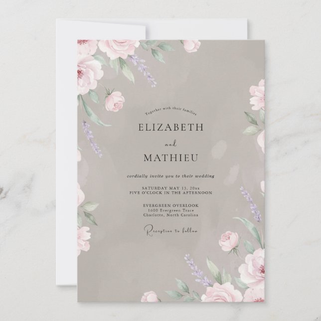 Invitation Mariage Taupe Rose Pâle Fleurie (Devant)