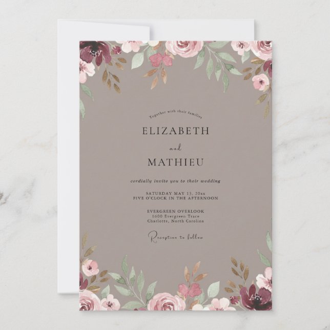 Invitation Mariage Taupe Rose Pâle Pétale (Devant)