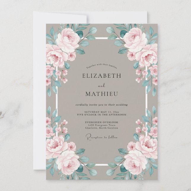 Invitation Mariage Taupe Rose Péony (Devant)