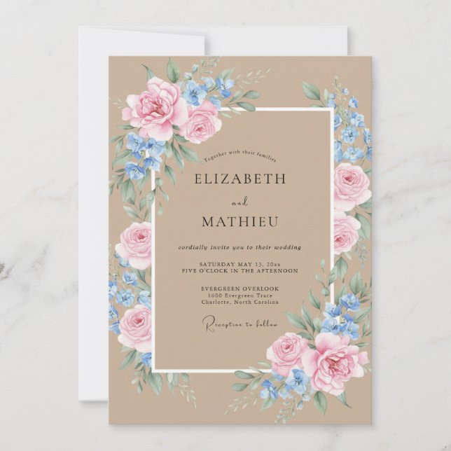 Invitation Mariage Taupe Rose Pétales (Devant)