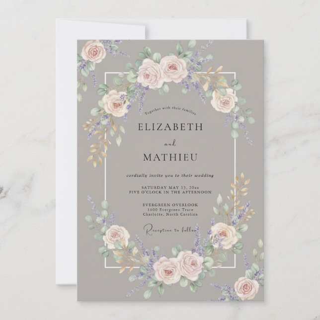 Invitation Mariage Taupe Rose Pivoine (Devant)