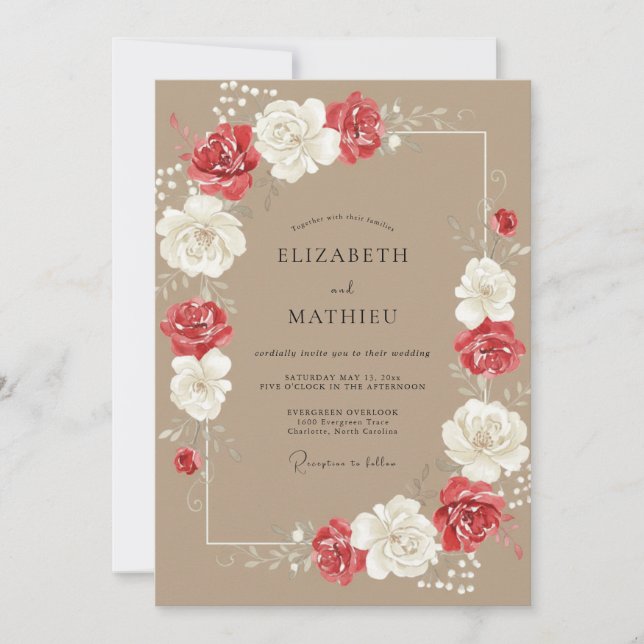 Invitation Mariage Taupe Rouge Ranunculus Eucalyptus (Devant)