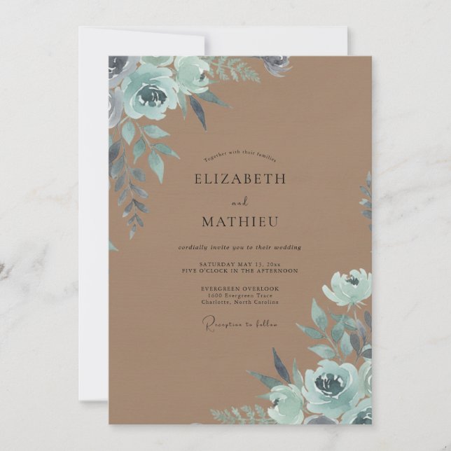 Invitation Mariage Taupe Seafoam Blossom (Devant)