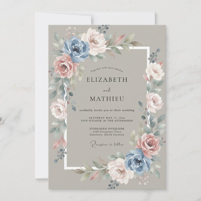 Invitation Mariage Taupe Sérène Rose Vintage (Devant)