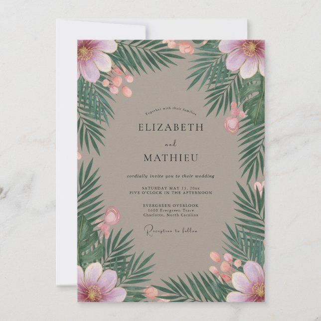 Invitation Mariage Taupe Tropical Palmier Eucalyptus (Devant)