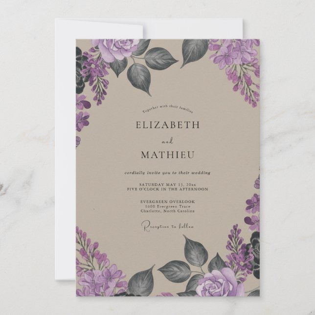 Invitation Mariage Taupe Wisteria prune (Devant)