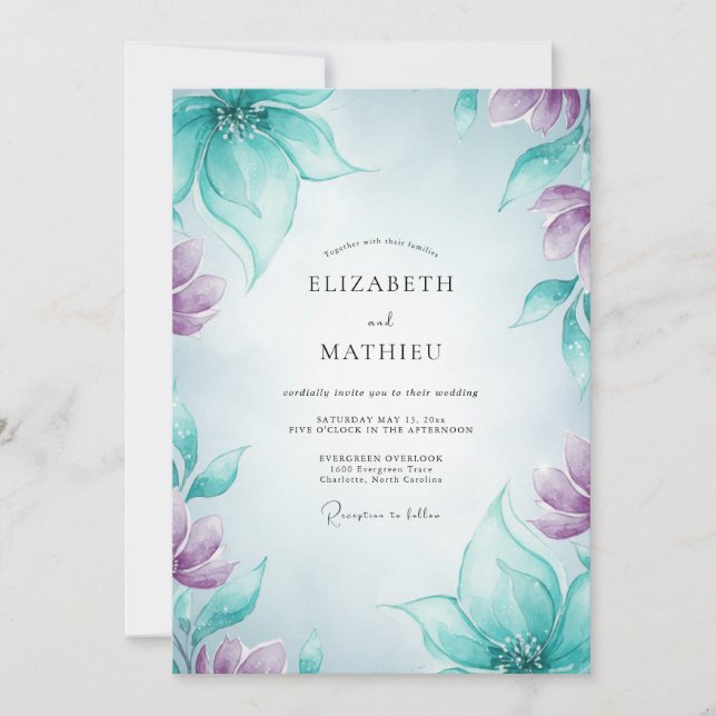 Invitation Mariage Teal Améthyste Petale (Devant)