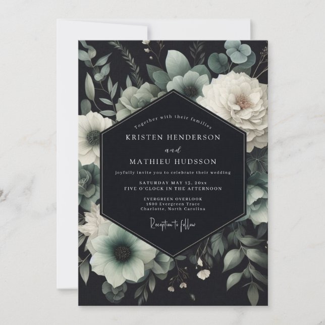 Invitation Mariage Teal Anemone Noir (Devant)