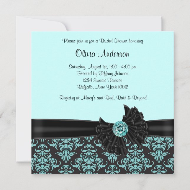 Invitation Mariage Teal Blue Black Damassé Fête de Fiançaille (Devant)