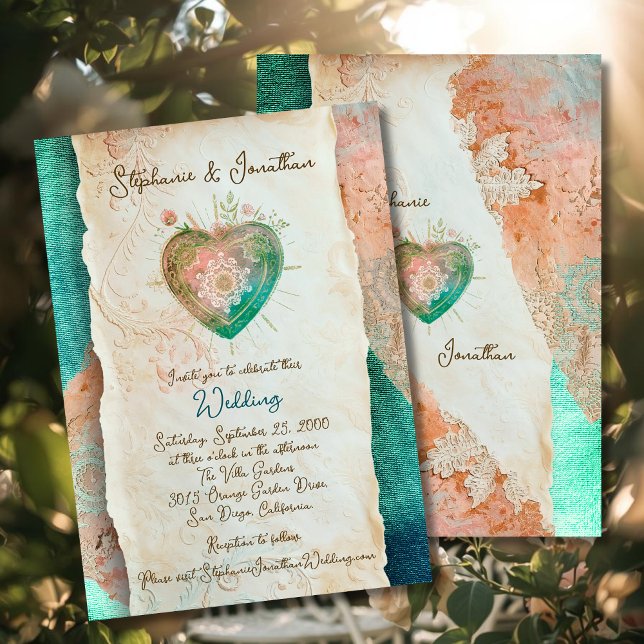 Invitation Mariage Teal Blush Lace Heart Baroque Romance (Créateur téléchargé)