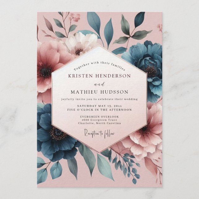 Invitation Mariage Teal Blush Painterly Bloom (Devant)