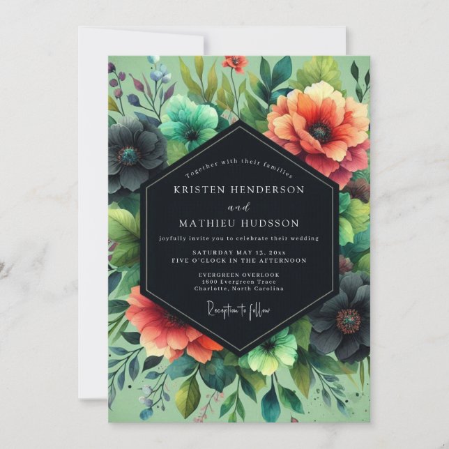 Invitation Mariage Teal Coral Dramatic Bloom (Devant)