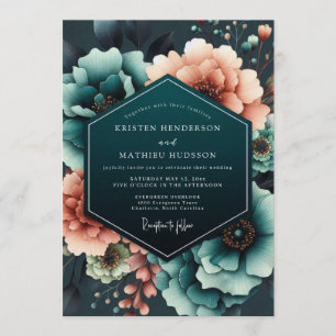 Invitation Mariage Teal Coral Moody Bloom