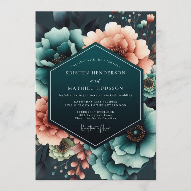 Invitation Mariage Teal Coral Moody Bloom (Devant)