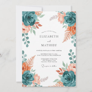 Invitation Mariage Teal Dusty Coral Bloom