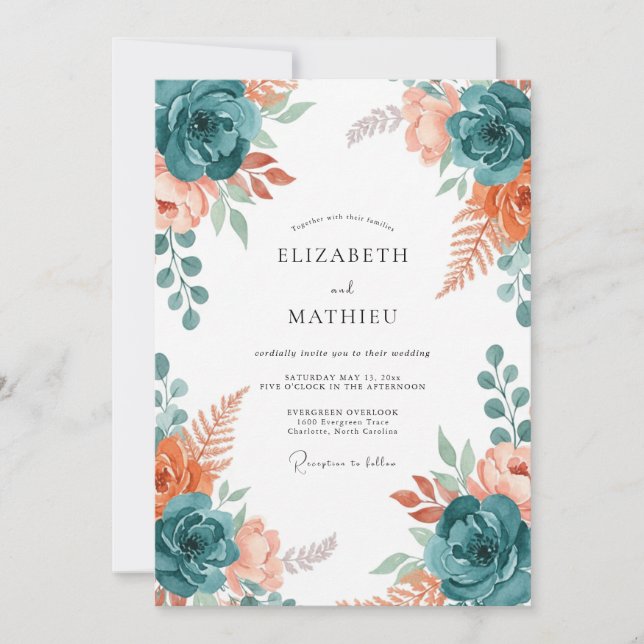 Invitation Mariage Teal Dusty Coral Bloom (Devant)