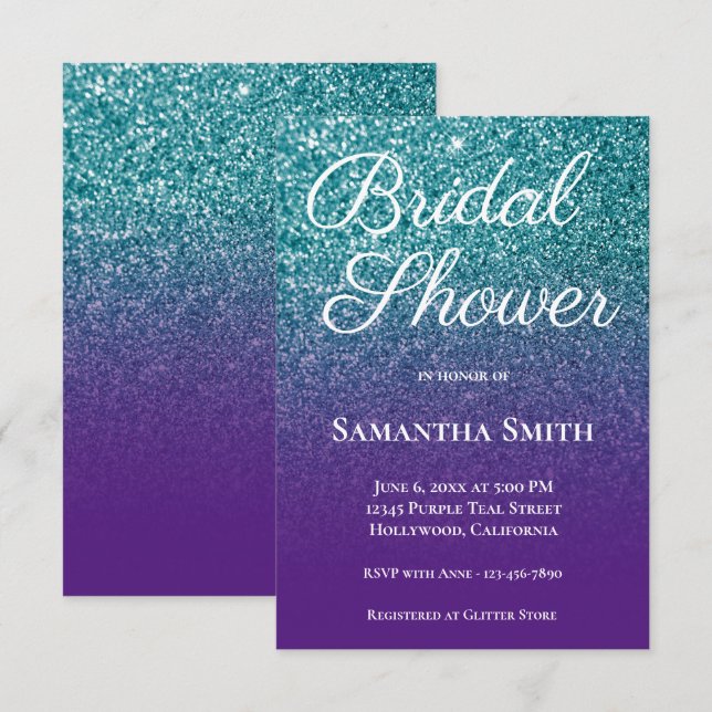 Invitation Mariage Teal et Violet ombré pailleté (Devant / Derrière)