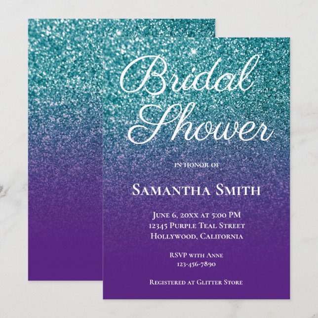 Invitation Mariage Teal et Violet ombré pailleté (Devant / Derrière)