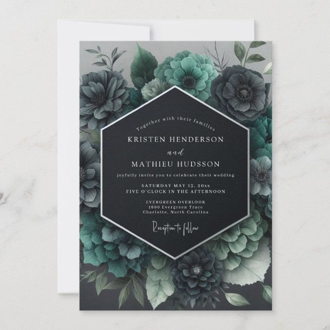 Invitation Mariage Teal Gothique Floraison (Devant)