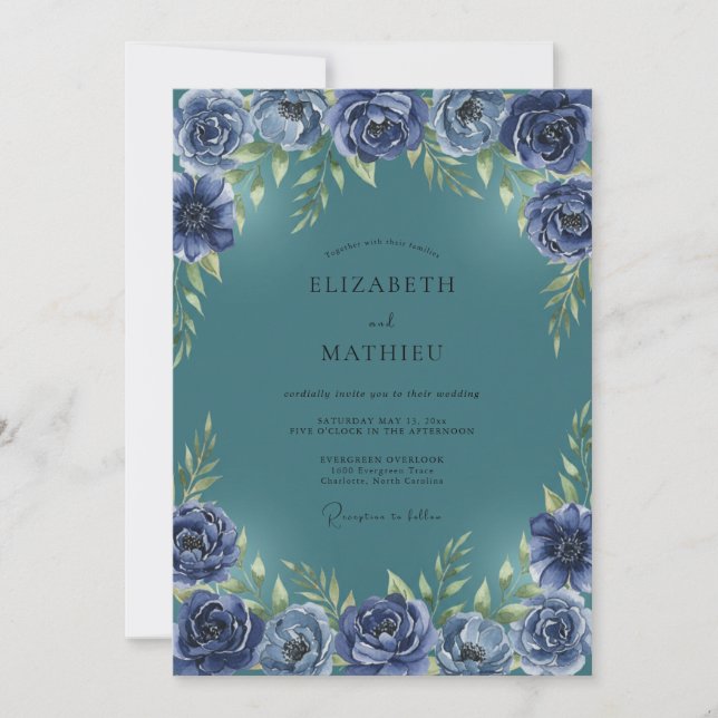 Invitation Mariage Teal Indigo Ranunculus Eucalyptus (Devant)