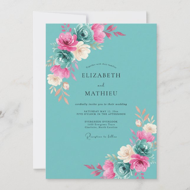 Invitation Mariage Teal Magenta Ranunculus Eucalyptus (Devant)